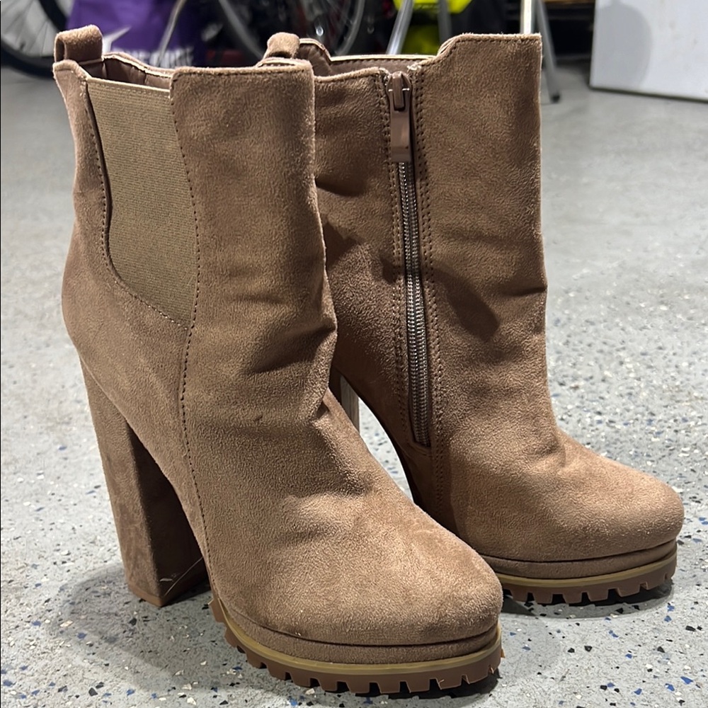 Fashion Nova Tan Heeled Boots with Chunky Block Heel